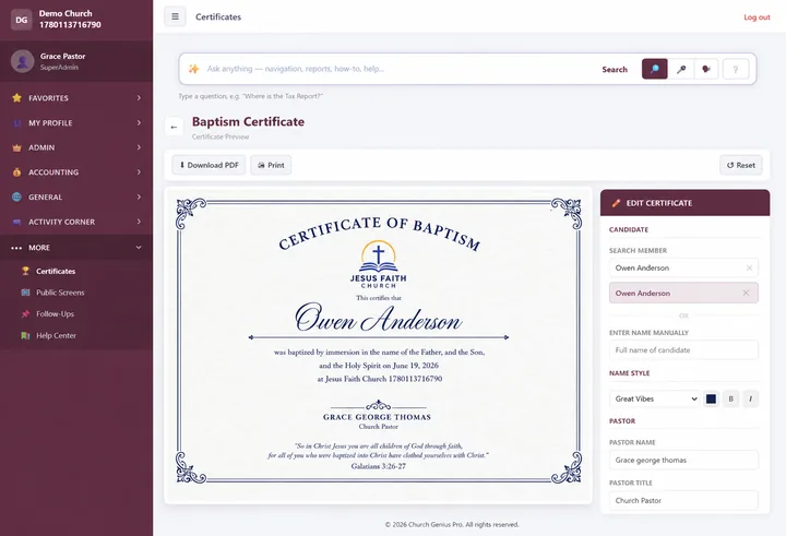 Certificates — Design and print baptism and membership certificates