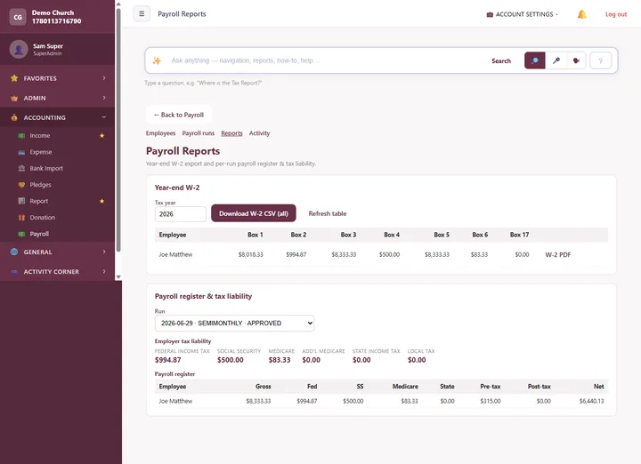 Payroll — Pay staff and clergy with taxes handled